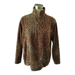 Lands’ End Brown Animal Print Fleece Quarter Zip Pullover Women’s M/L